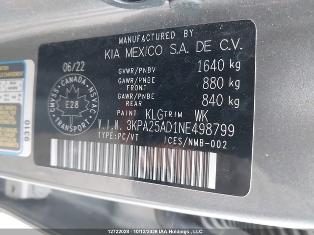 3KPA25AD1NE498799 KIA Rio Lx Premium/lx+