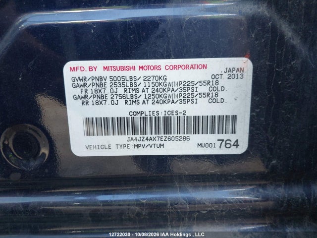 2014 Mitsubishi Outlander Gt მანქანა იყიდება აუქციონზე, vin: JA4JZ4AX7EZ605286, აუქციონის ნომერი: 12722030