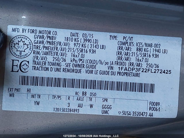 2015 Ford Focus Se მანქანა იყიდება აუქციონზე, vin: 1FADP3F22FL272425, აუქციონის ნომერი: 12722034