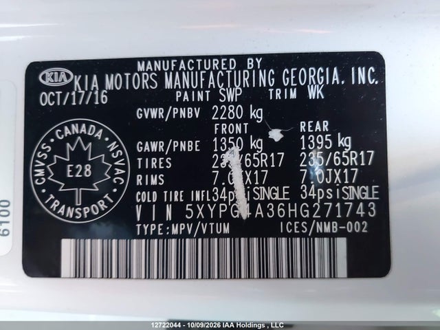 2017 Kia Sorento 2.4l Lx მანქანა იყიდება აუქციონზე, vin: 5XYPG4A36HG271743, აუქციონის ნომერი: 12722044