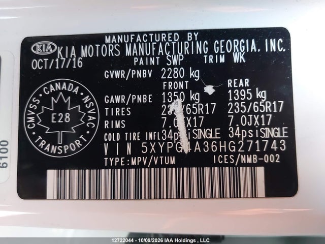 2017 Kia Sorento 2.4l Lx მანქანა იყიდება აუქციონზე, vin: 5XYPG4A36HG271743, აუქციონის ნომერი: 12722044
