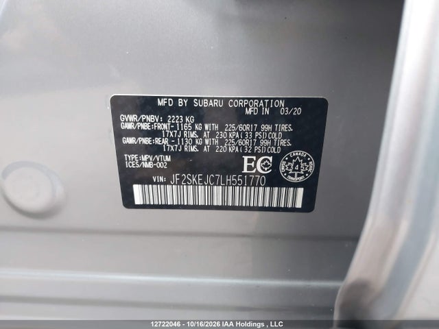 12722046 :رقم المزاد ، JF2SKEJC7LH551770 vin ، 2020 Subaru Forester مزاد بيع
