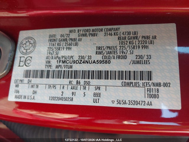 Aukcja sprzedaży 2022 Ford Escape Titanium Hybrid, vin: 1FMCU9DZ4NUA59580, numer aukcji: 12722122