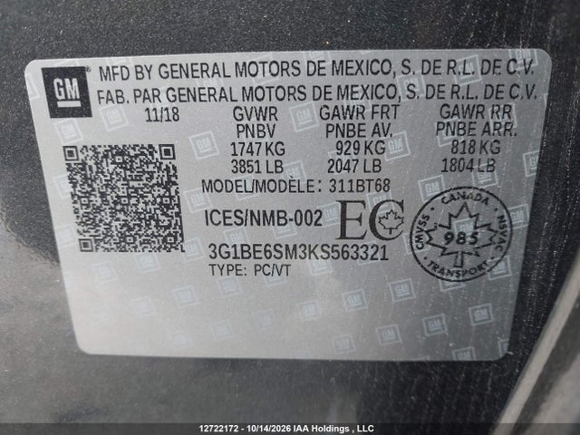 2019 Chevrolet Cruze მანქანა იყიდება აუქციონზე, vin: 3G1BE6SM3KS563321, აუქციონის ნომერი: 12722172