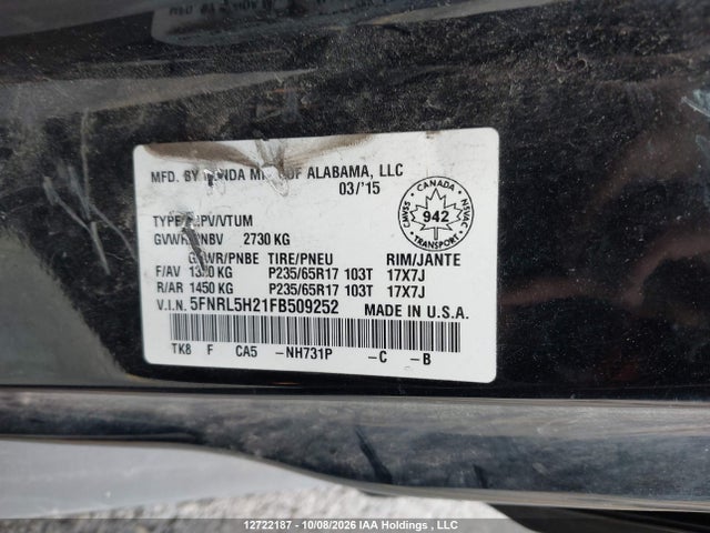 2015 Honda Odyssey Lx მანქანა იყიდება აუქციონზე, vin: 5FNRL5H21FB509252, აუქციონის ნომერი: 12722187