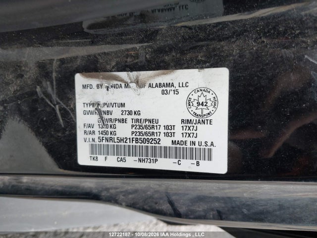 2015 Honda Odyssey Lx მანქანა იყიდება აუქციონზე, vin: 5FNRL5H21FB509252, აუქციონის ნომერი: 12722187