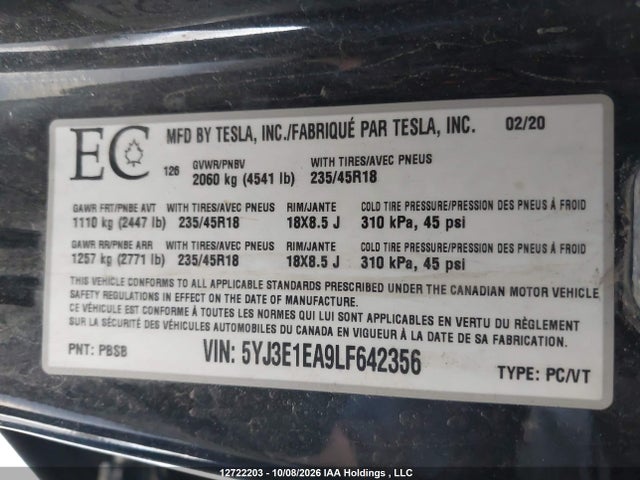 Продажа на аукционе авто 2020 Tesla Model 3, vin: 5YJ3E1EA9LF642356, номер лота: 12722203