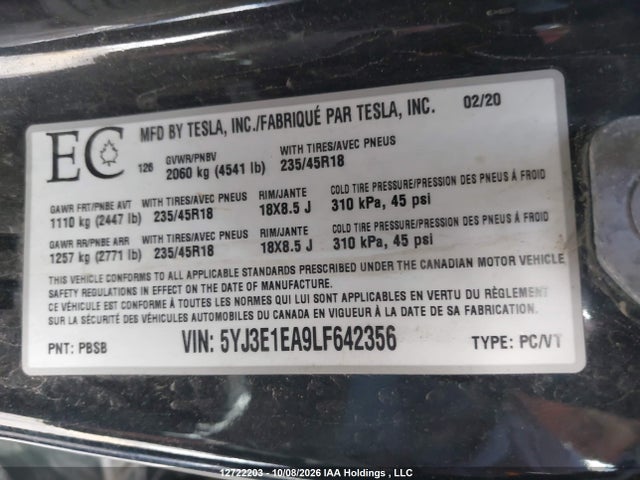 Продажа на аукционе авто 2020 Tesla Model 3, vin: 5YJ3E1EA9LF642356, номер лота: 12722203
