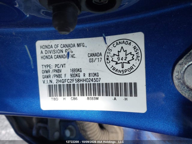 2017 Honda Civic Lx მანქანა იყიდება აუქციონზე, vin: 2HGFC2F58HH024507, აუქციონის ნომერი: 12722208