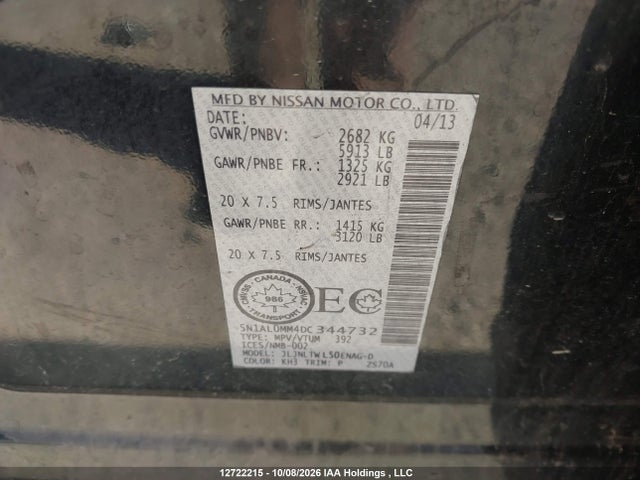 12722215 :رقم المزاد ، 5N1AL0MM4DC344732 vin ، 2013 Infiniti Jx35 مزاد بيع