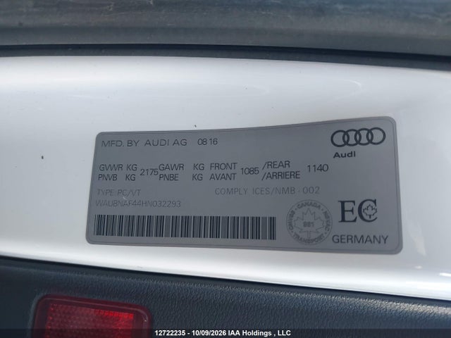 12722235 :رقم المزاد ، WAUBNAF44HN032293 vin ، 2017 Audi A4 Progressiv مزاد بيع