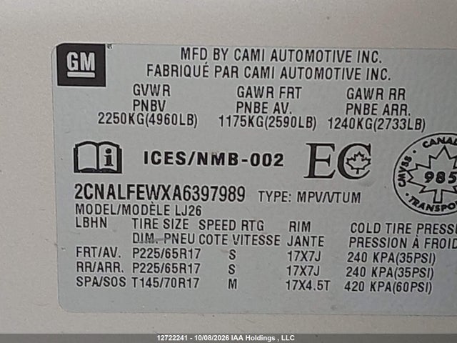 Продажа на аукционе авто 2010 Chevrolet Equinox Ltz, vin: 2CNALFEWXA6397989, номер лота: 12722241