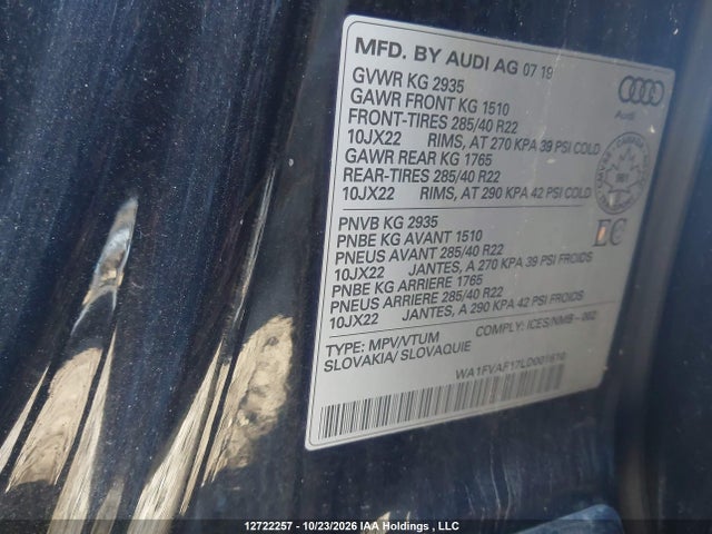 12722257 :رقم المزاد ، WA1FVAF17LD001610 vin ، 2020 Audi Q8 Prestige S-line مزاد بيع