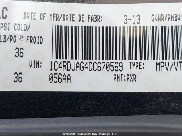 12722260 :رقم المزاد ، 1C4RDJAG4DC670569 vin ، 2013 Dodge Durango Sxt مزاد بيع