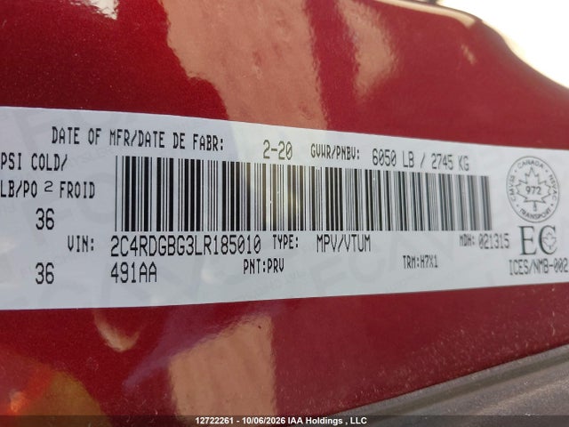 Продаж на аукціоні авто 2020 Dodge Grand Caravan Se, vin: 2C4RDGBG3LR185010, номер лоту: 12722261
