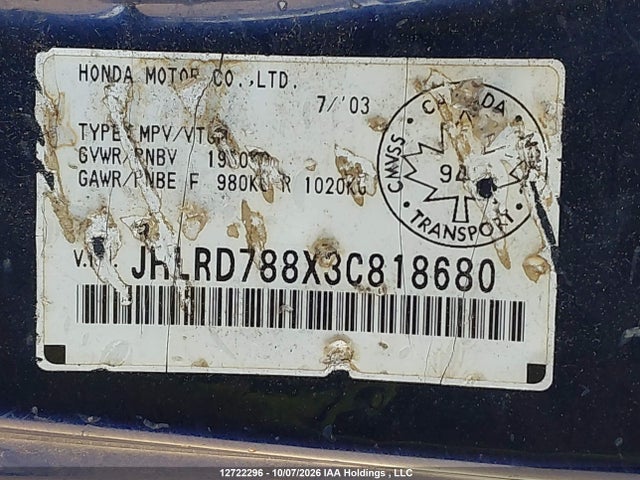 12722296 :رقم المزاد ، JHLRD788X3C818680 vin ، 2003 Honda Cr-v Ex مزاد بيع