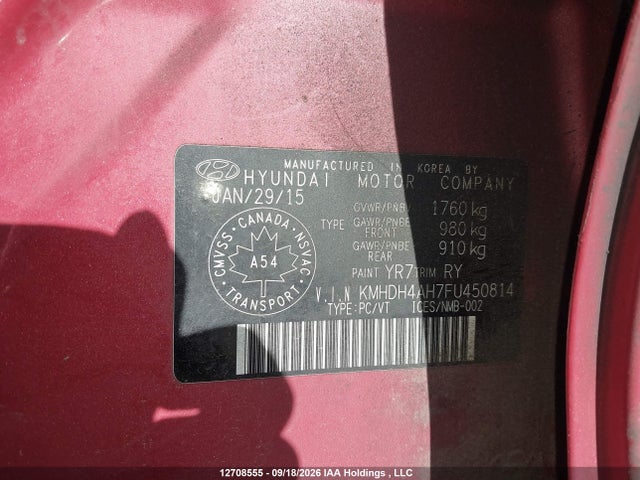 Продажа на аукционе авто 2015 Hyundai Elantra Se/sport/limited, vin: KMHDH4AH7FU450814, номер лота: 12708555
