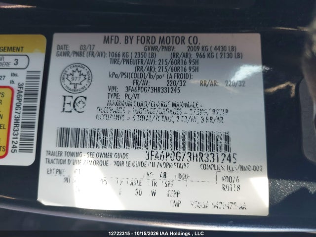 Продажа на аукционе авто 2017 Ford Fusion S, vin: 3FA6P0G73HR331245, номер лота: 12722315