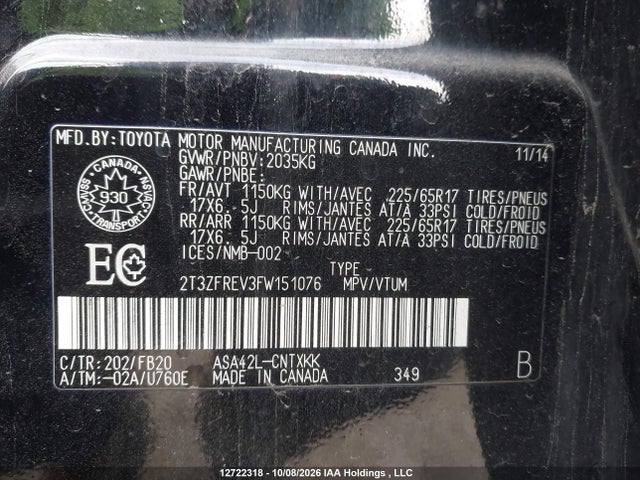 2T3ZFREV3FW151076 Toyota RAV4 LE