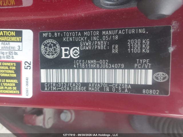 12717810 :رقم المزاد ، 4T1B11HK8JU634079 vin ، 2018 Toyota Camry L/le/xle/se/xse مزاد بيع