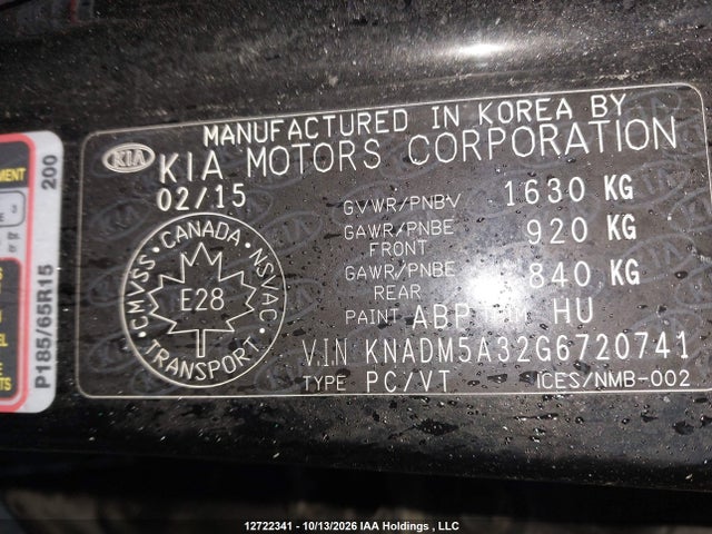 KNADM5A32G6720741 KIA Rio Ex/ex+ W/sunroof/lx/lx+/lx+ Eco/sx