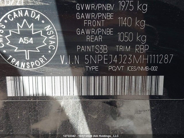 5NPEJ4J23MH111287 Hyundai Sonata Sport