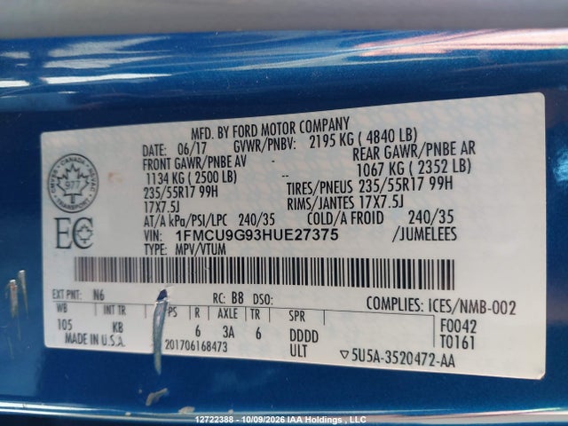Aukcja sprzedaży 2017 Ford Escape Se, vin: 1FMCU9G93HUE27375, numer aukcji: 12722388