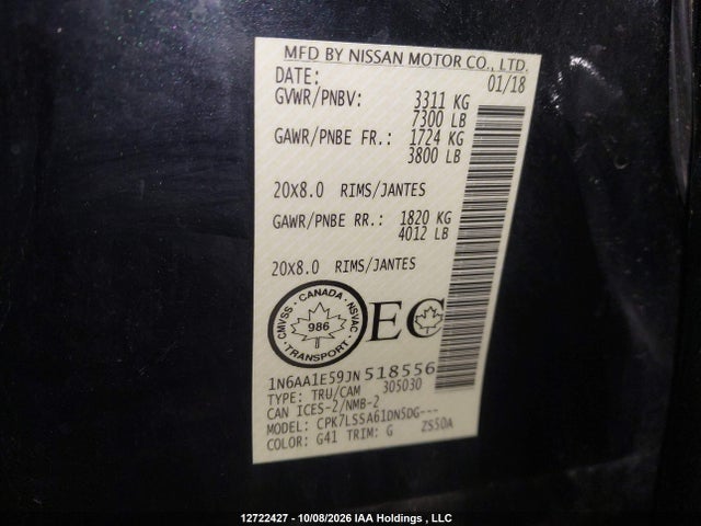 12722427 :رقم المزاد ، 1N6AA1E59JN518556 vin ، 2018 Nissan Titan Platinum/pro-4x/s/sl Midnight Edition/sv/sv Midnight Edition مزاد بيع