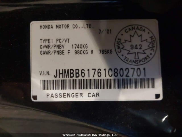 12722432 :رقم المزاد ، JHMBB61761C802701 vin ، 2001 Honda Prelude Se مزاد بيع