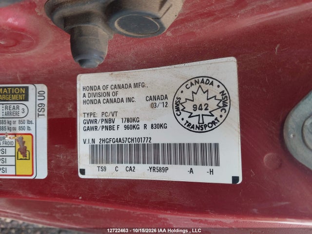 Aukcja sprzedaży 2012 Honda Civic Si Si, vin: 2HGFG4A57CH101772, numer aukcji: 12722463
