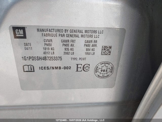 Aukcja sprzedaży 2011 Chevrolet Cruze Ls, vin: 1G1PD5SH4B7253375, numer aukcji: 12722465