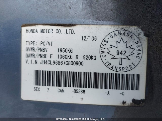 12722468 :رقم المزاد ، JH4CL96867C800900 vin ، 2007 Acura Tsx مزاد بيع