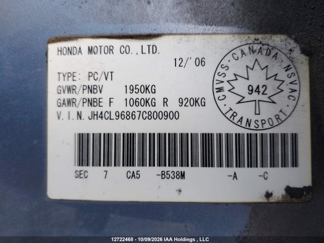 12722468 :رقم المزاد ، JH4CL96867C800900 vin ، 2007 Acura Tsx مزاد بيع