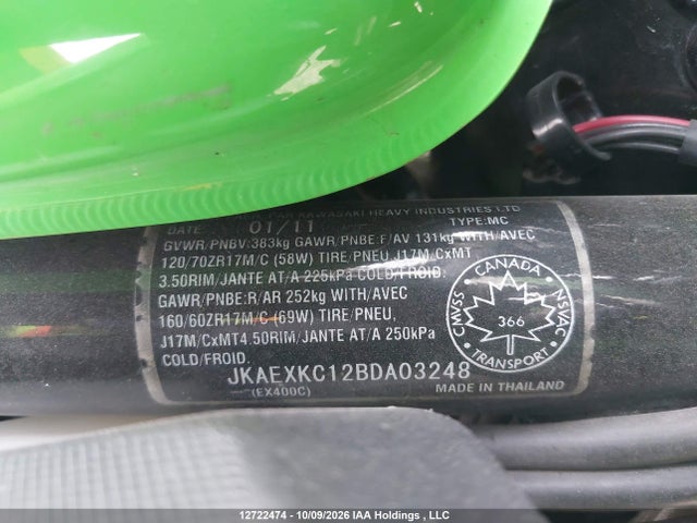 12722474 :رقم المزاد ، JKAEXKC12BDA03248 vin ، 2011 Kawasaki Ex400 Cb مزاد بيع