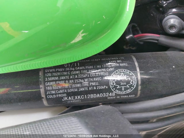 12722474 :رقم المزاد ، JKAEXKC12BDA03248 vin ، 2011 Kawasaki Ex400 Cb مزاد بيع