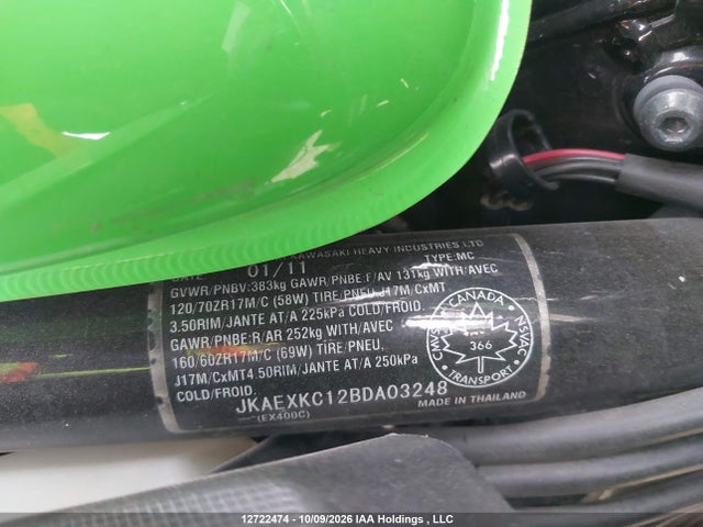 12722474 :رقم المزاد ، JKAEXKC12BDA03248 vin ، 2011 Kawasaki Ex400 Cb مزاد بيع