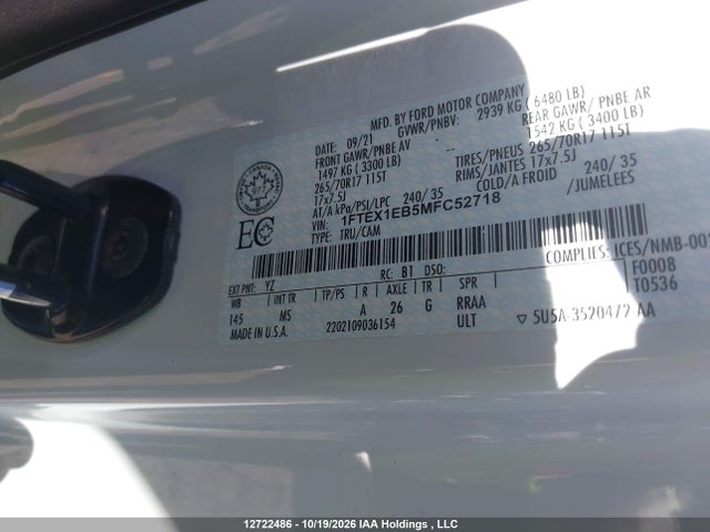 Ford F150 Super Cab 2021 1FTEX1EB5MFC52718 Image 9