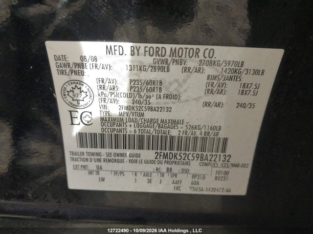Aukcja sprzedaży 2009 Ford Flex Sel, vin: 2FMDK52C59BA22132, numer aukcji: 12722490