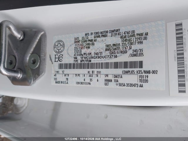 2013 Ford Escape Se მანქანა იყიდება აუქციონზე, vin: 1FMCU9GX9DUC73716, აუქციონის ნომერი: 12722496