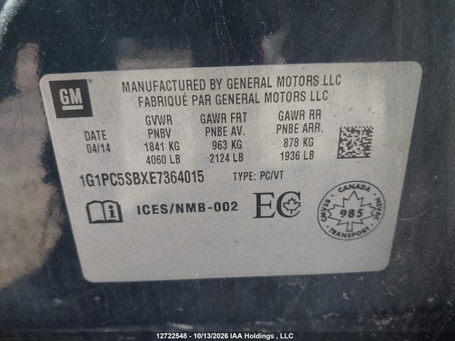 Продаж на аукціоні авто 2014 Chevrolet Cruze 1lt, vin: 1G1PC5SBXE7364015, номер лоту: 12722548