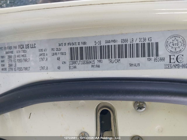 12722551 :رقم المزاد ، 1C6RR7JT1GS360415 vin ، 2016 Ram 1500 Laramie مزاد بيع