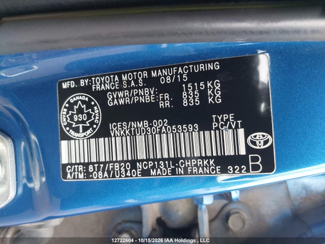 12722604 :رقم المزاد ، VNKKTUD30FA053593 vin ، 2015 Toyota Yaris Le مزاد بيع
