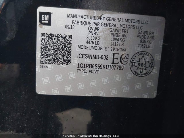 Aukcja sprzedaży 2019 Chevrolet Volt Premier, vin: 1G1RB6S59KU107789, numer aukcji: 12722627