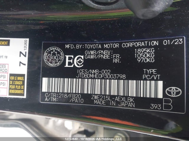 2023 Toyota Corolla Hybrid Le მანქანა იყიდება აუქციონზე, vin: JTDBDMHE0P3003798, აუქციონის ნომერი: 12722640