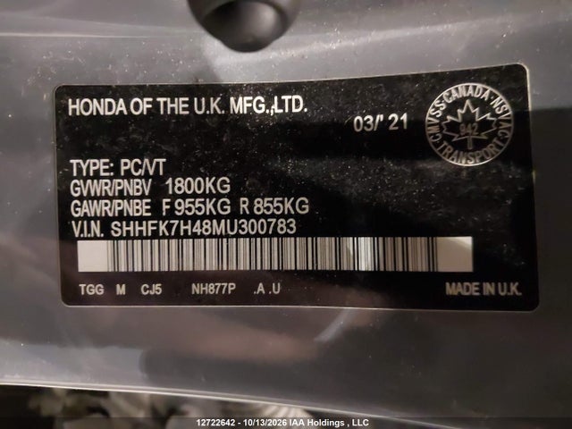 Продаж на аукціоні авто 2021 Honda Civic Sport, vin: SHHFK7H48MU300783, номер лоту: 12722642