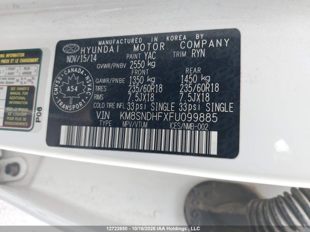 Aukcja sprzedaży 2015 Hyundai Santa Fe Xl Luxury, vin: KM8SNDHFXFU099885, numer aukcji: 12722650