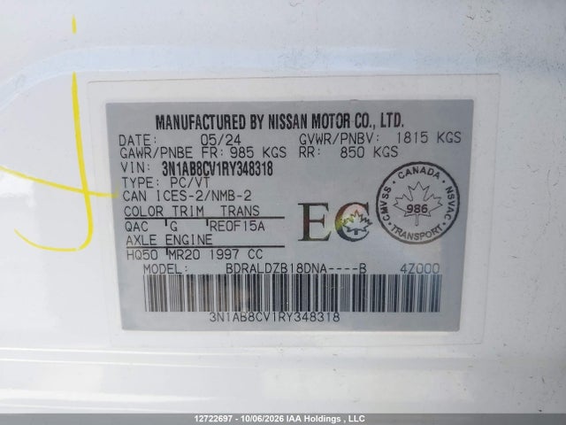 Продаж на аукціоні авто 2024 Nissan Sentra Sv, vin: 3N1AB8CV1RY348318, номер лоту: 12722697