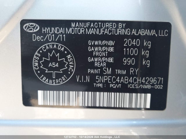 2012 Hyundai Sonata Se/limited მანქანა იყიდება აუქციონზე, vin: 5NPEC4AB4CH429671, აუქციონის ნომერი: 12722702