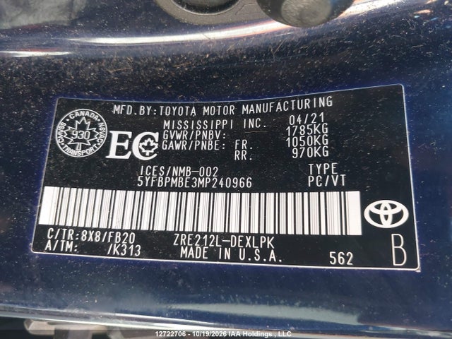 12722706 :رقم المزاد ، 5YFBPMBE3MP240966 vin ، 2021 Toyota Corolla مزاد بيع