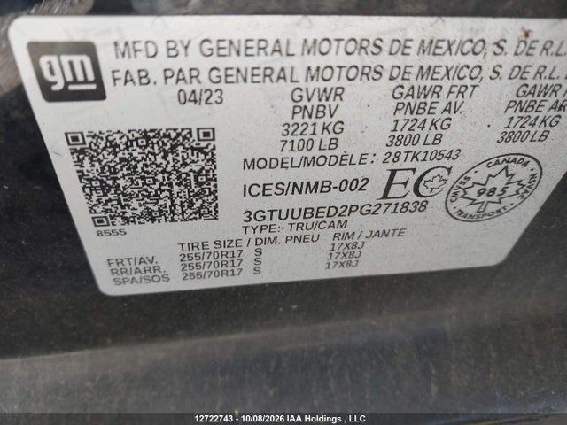 Продаж на аукціоні авто 2023 Gmc Sierra 1500 Sle, vin: 3GTUUBED2PG271838, номер лоту: 12722743